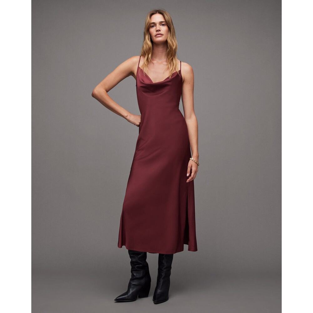 All Saints Burgundy Slip Midi Dress
